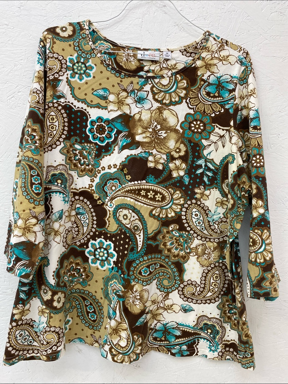 Women’s Floral Paisley 3/4 Sleeve Top - Teal, Brown & Cream
